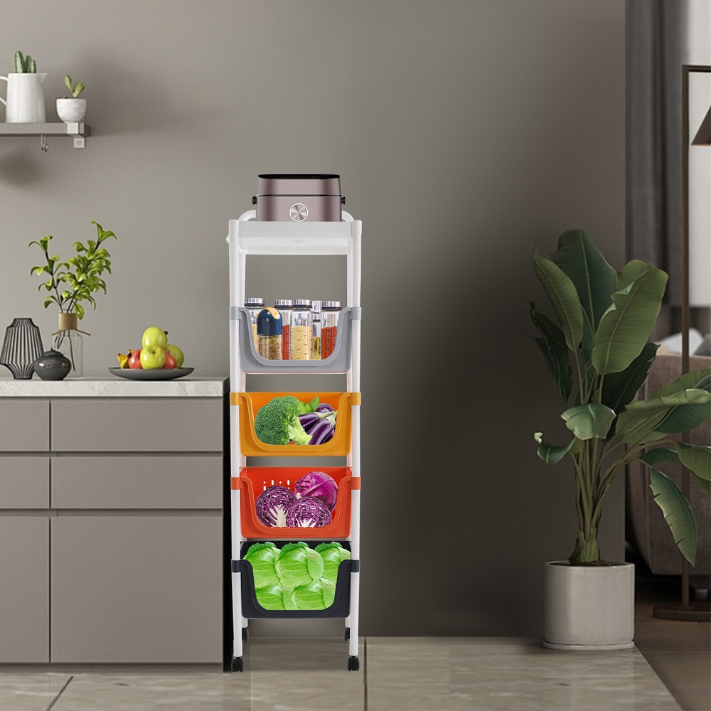 Kitchen Storage Rack 5 Tier Floor-Standing Basket Organizer W/ 2 Practical Hook