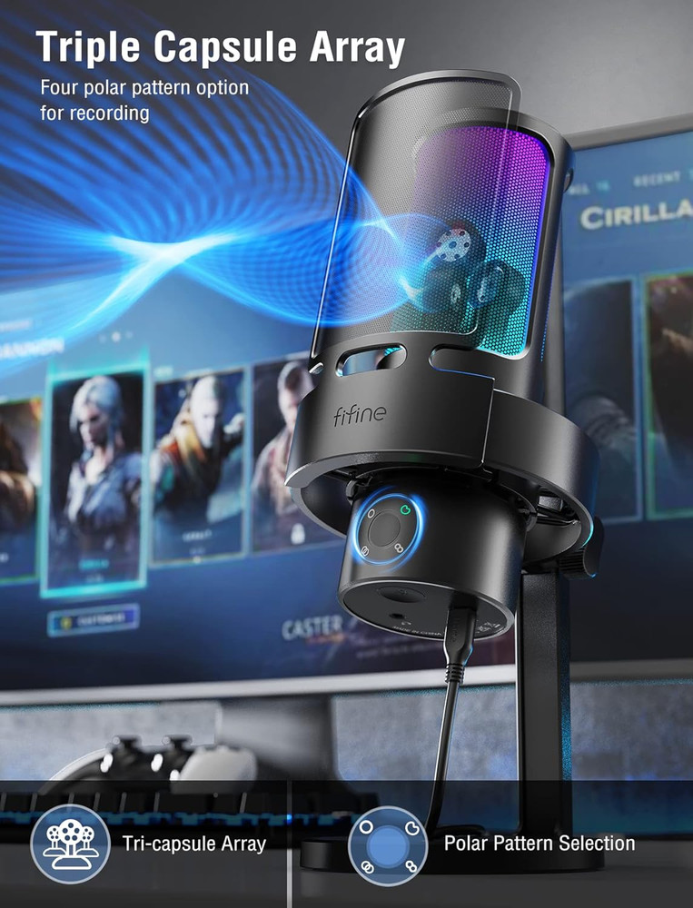 FIFINE Gaming USB Microphone, PC Computer Mic with 4 Polar Patterns for Podcast