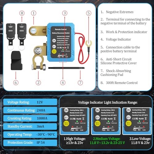 Remote Battery Disconnect Switch 12V, 240A, Kill Switch for Car Prevent Black