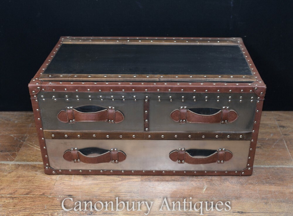 Aviator Luggage Trunk - Metal Steamer Box Case Side Table