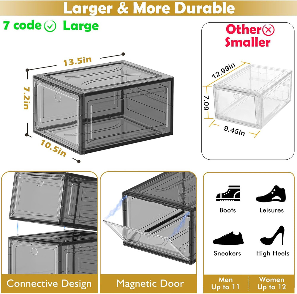 Stackable Clear Shoe Storage Organizer with Magnetic Door, 6 Pack, Black