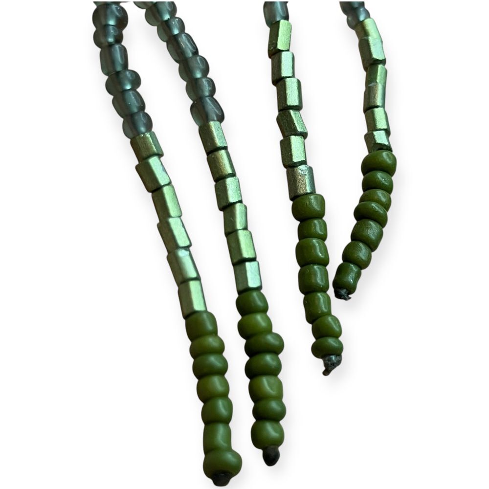 Handcrafted Boho Green Beaded Dangle Earrings Long Gold Bar Drop Statement 3.5"