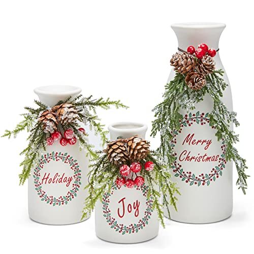 Artificial Christmas Vase 3-Piece Set Flocked with Mixed Xmas Decorations White