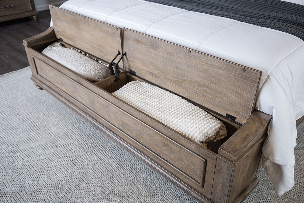 Transitional Easters King Size 1pc Bed Set Footboard Storage Padded Headboard