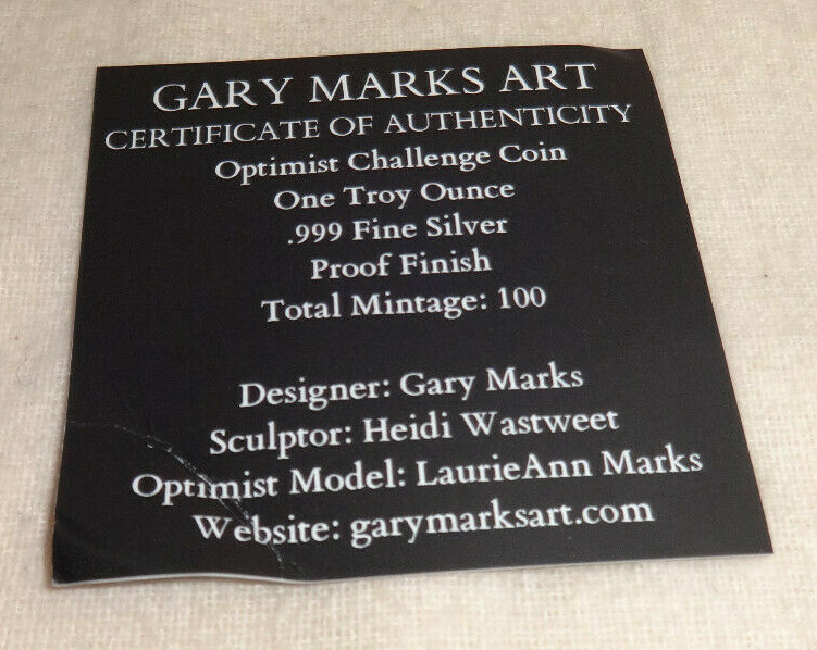 Optimist 1oz .999 Fine Silver Proof Challenge Coin Gary Marks Heidi Wastweet