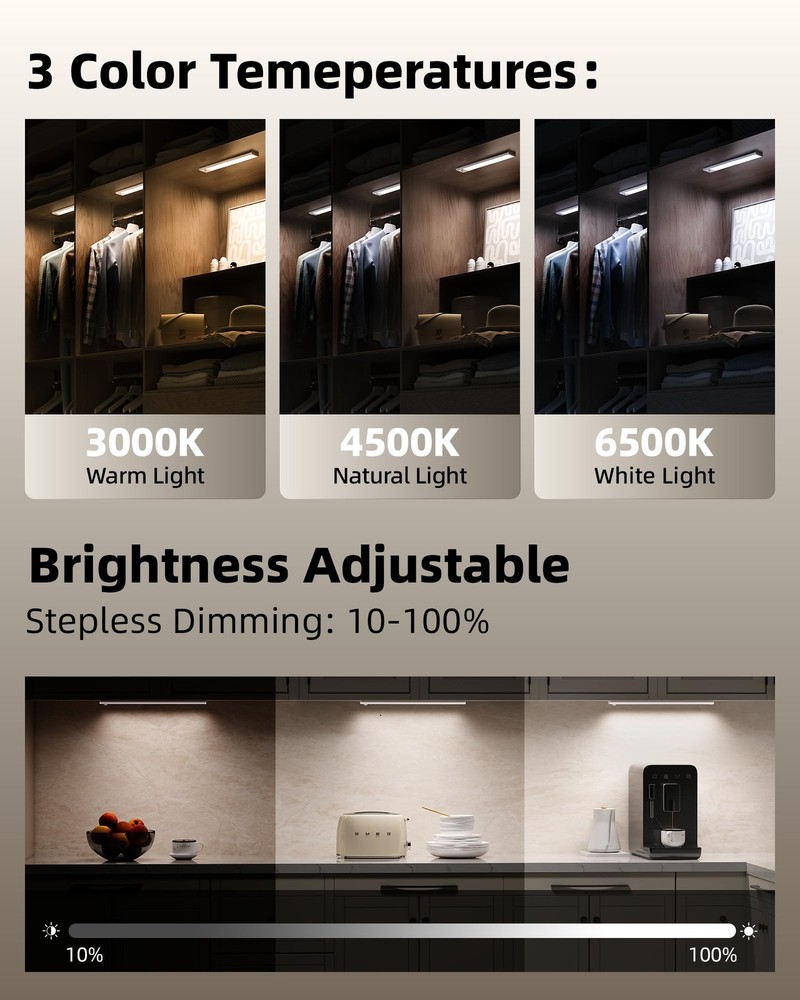 2Pack 16inch Under Cabinet Lighting, Rechargeable Motion Light Indoor, Dimmab...