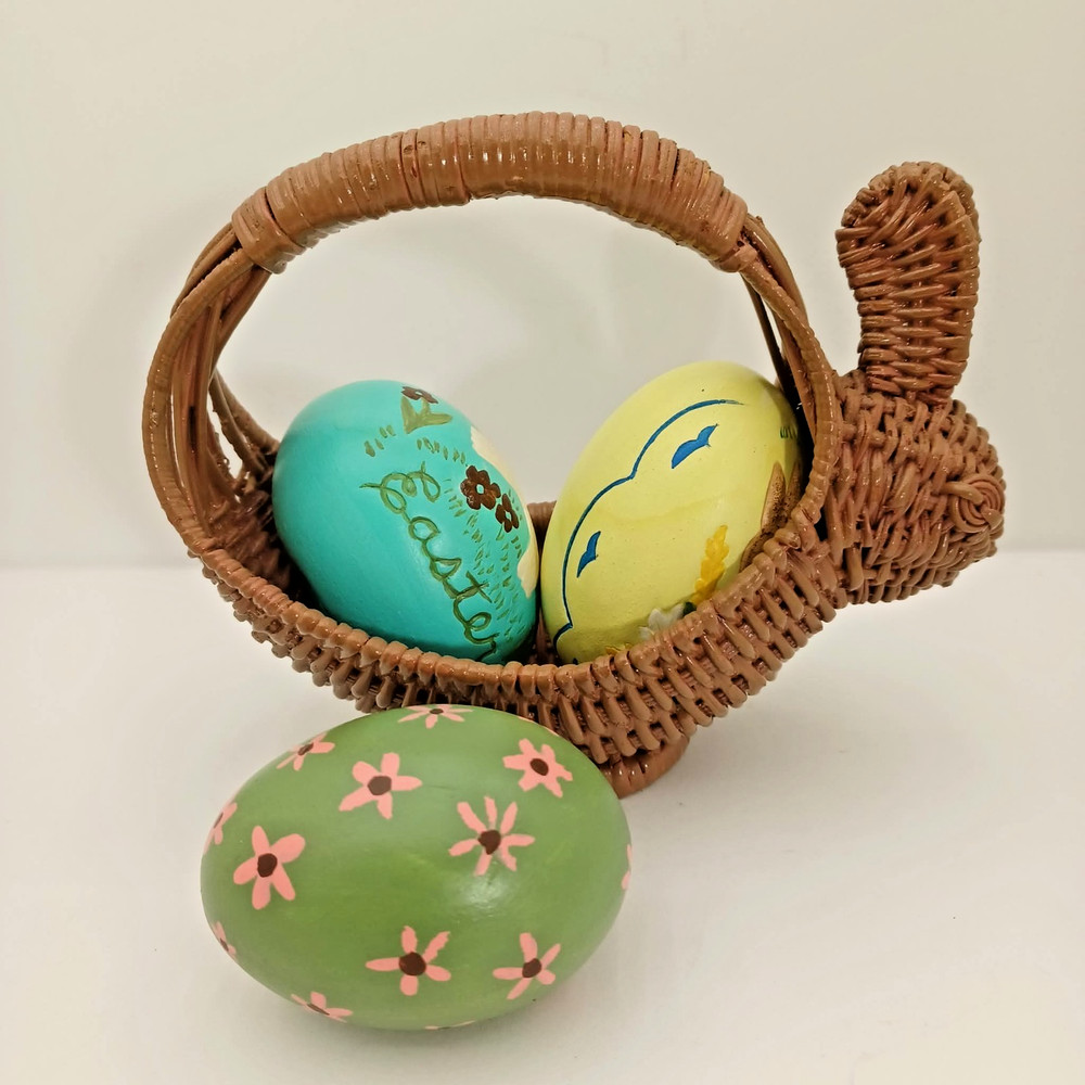 Vintage Small Easter Bunny Brown Wicker Basket 5” With Three 2.25" Ceramic Eggs