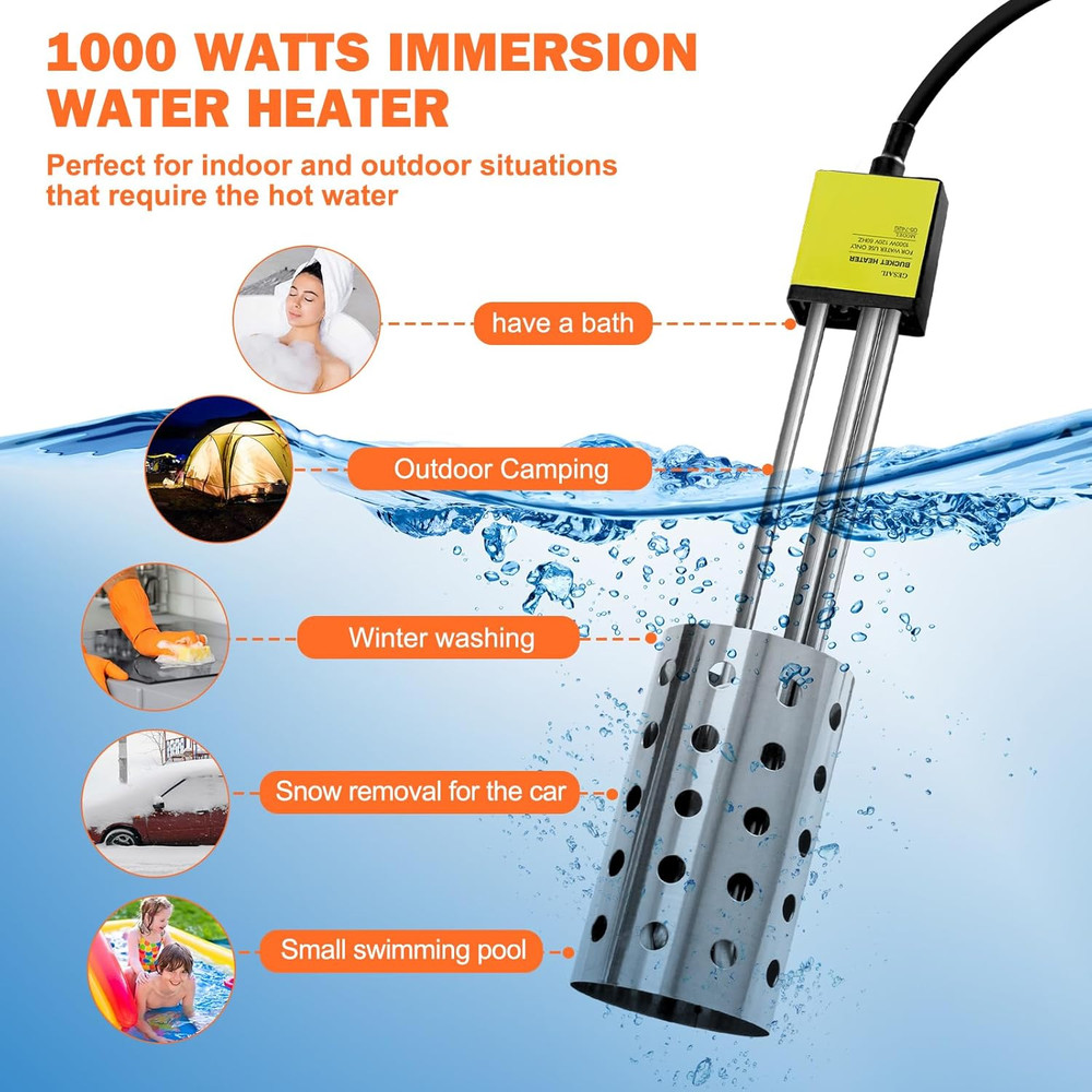 1000W Electric Immersion Heater, Bucket Water Heater with 304 Stainless-Steel Gu