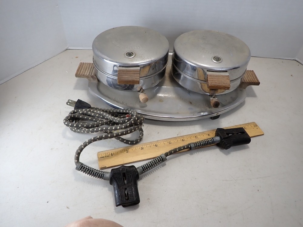 TESTED Mid Century Modern Chrome Heatmaster Double Waffle Maker Iron Griddle