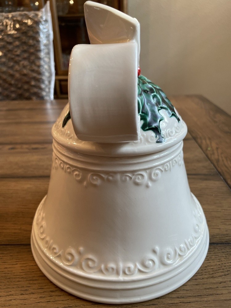 Christmas Bell Cookie Jar With Bow 8” Tall Ceramic