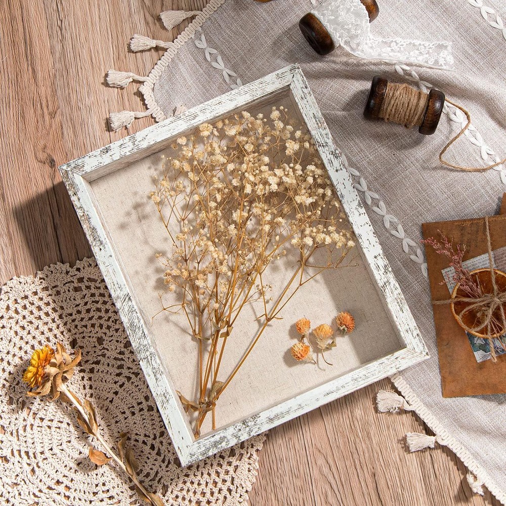 Shadow Box Frame with Linen Back - Sturdy Rustic Memory 8x10 Distressed White