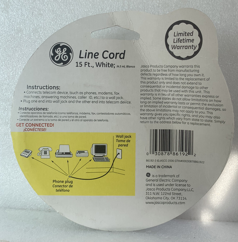 GE White Phone Cord - 15’