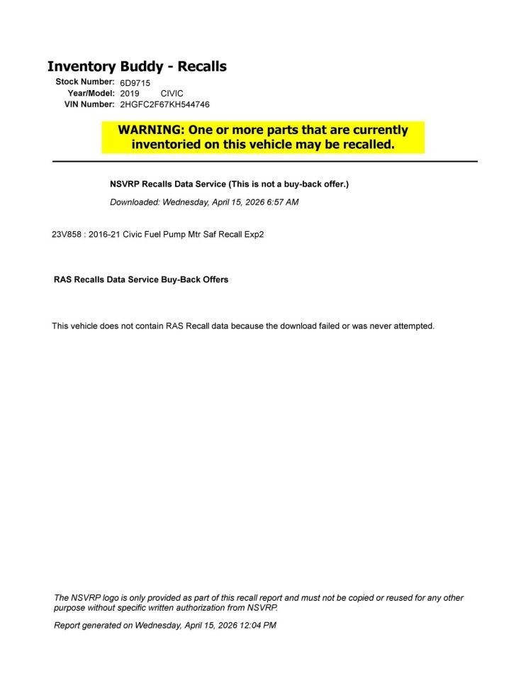 CIVIC 2019 Transmission Shift 2128474