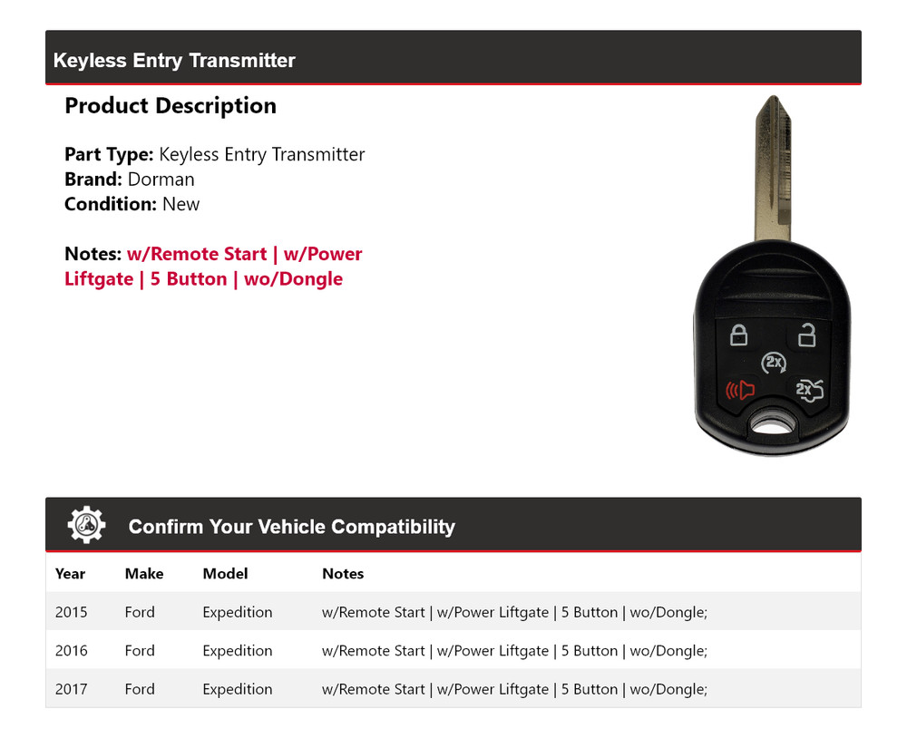 For 2015-2017 Ford Expedition Dorman Keyless Entry Transmitter 2016