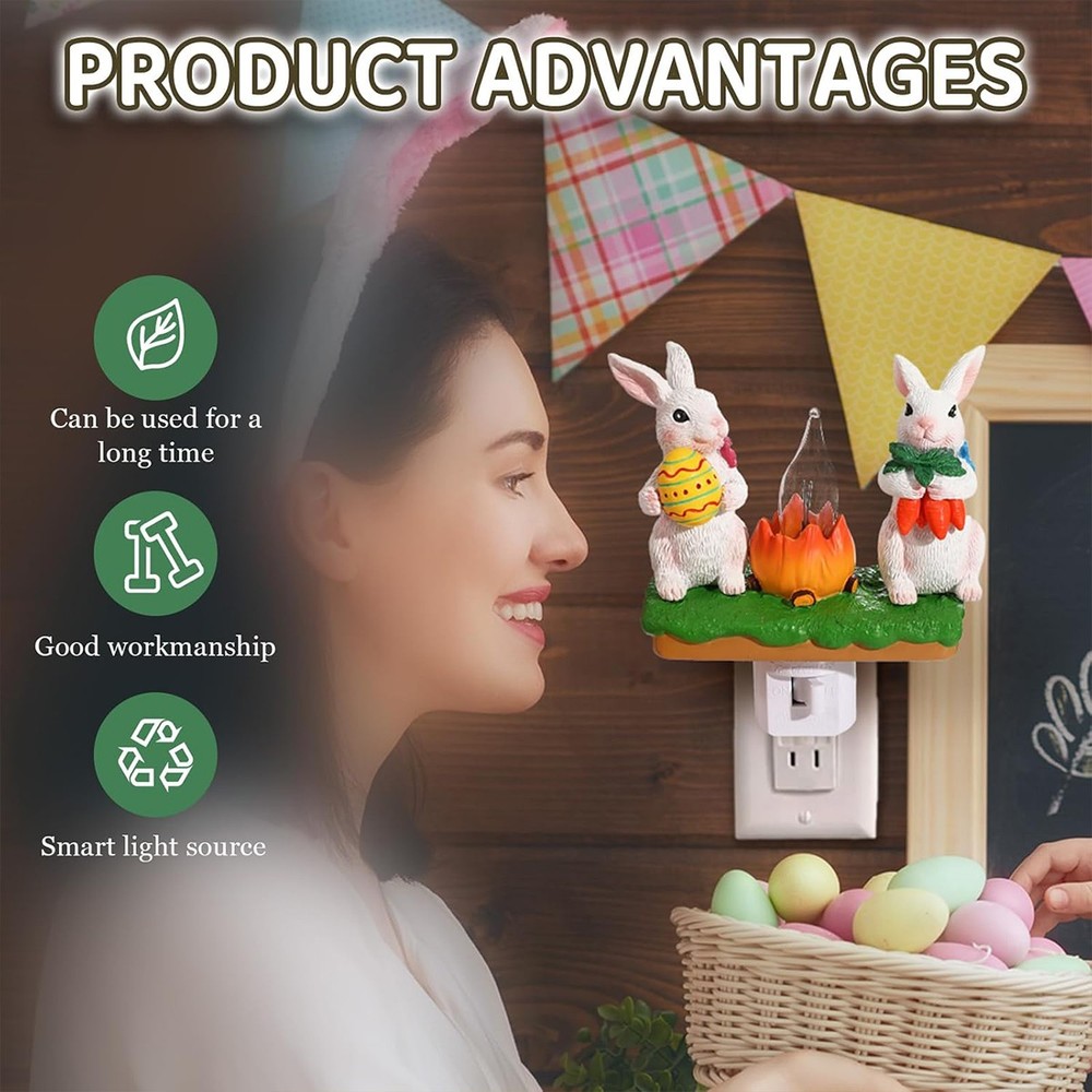 Bunny Campfire Flickering Nightlight, Easter Night Light Plug Into Wall Rabbit