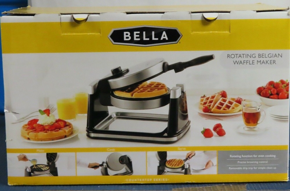 NIB BELLA ROTATING BELGIAN WAFFLE MAKER PRECISE BROWNING CONTROL / DRIP TRAY