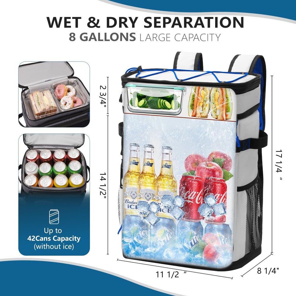 Large Backpack Cooler White 36 Can Cooler Backpack with 2 Insulated Compartme...