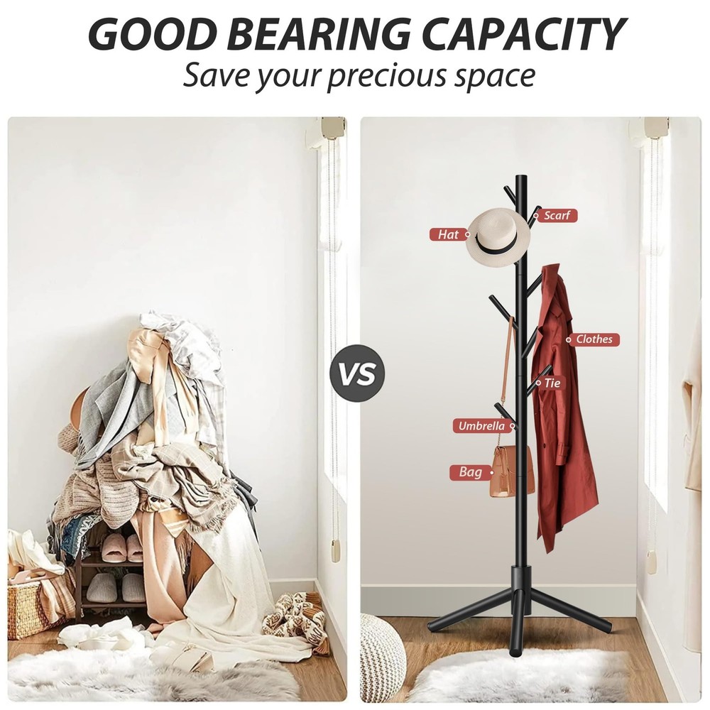 Durable Wooden Coat Rack, Freestanding with Stable Triangular Base 8 Hooks