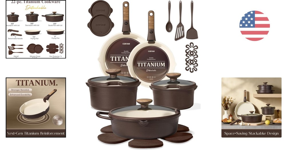 22-Piece Space-Saving Titanium Cookware Set - Effortless Cleanup & Versatile