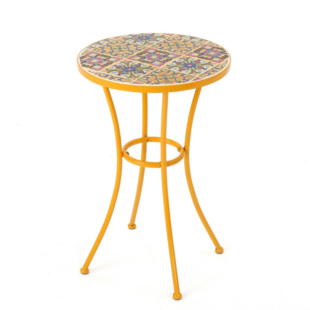 Brienne Outdoor Yellow Ceramic Tile Side Table with Iron Frame