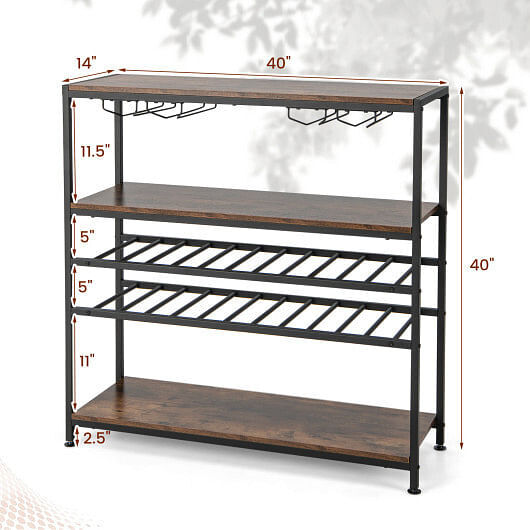 5-tier Wine Rack Table with Glasses Holder - Color: Rustic Brown