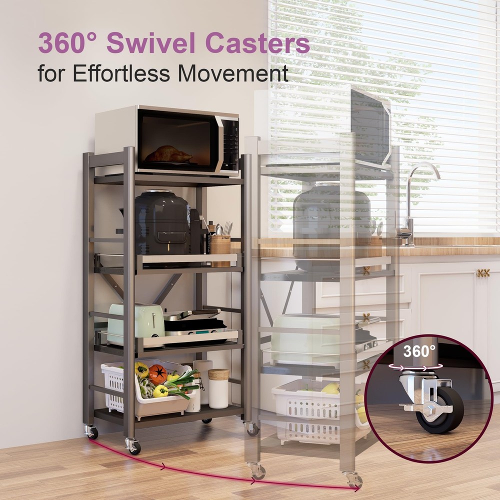 4-Tier Pull Out Kitchen Baker's Rack with Wheels, Heavy Duty Metal Microwave ...