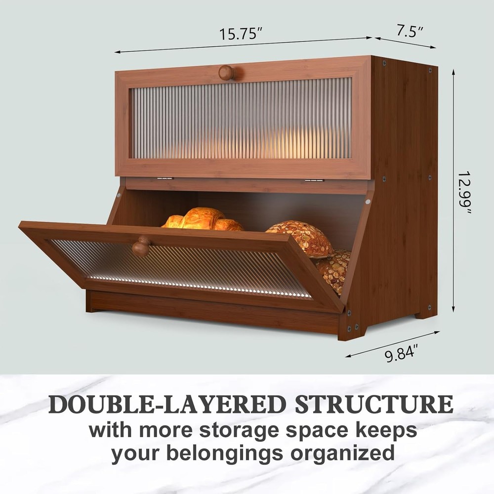 Double Layer Bamboo Bread Box for Kitchen Counter-Large Capacity Brown