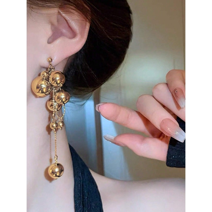 Gold Tone Statement Drop Earrings – Multi Ball Chain Dangle Earrings