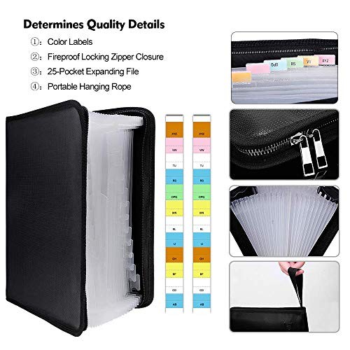 Expanding File Folder Important Document Organizer Fireproof Black,25 Pockets