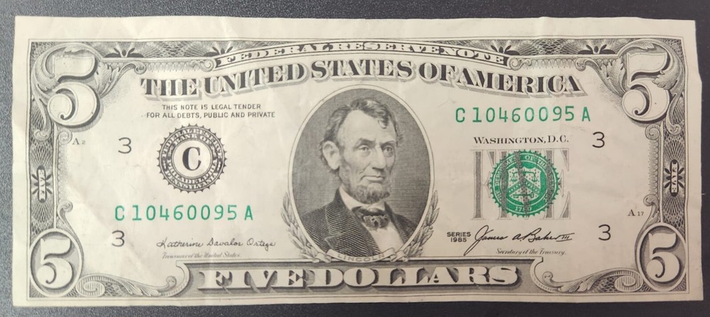 1985 5 dollar bill Miscut ERROR
