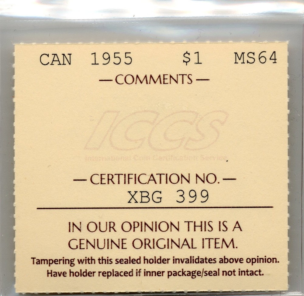 1955 Canada Silver Dollar - Choice Uncirculated, ICCS MS64