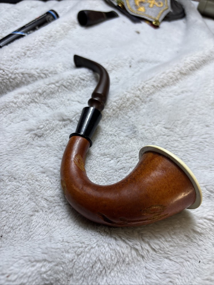 VTG CALABASH PIPE CERAMIC LINED CARVED GOURD
