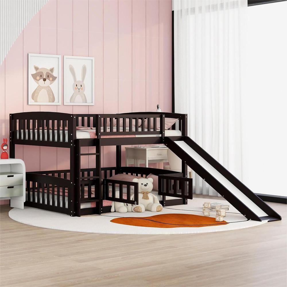 High Quality Bunk Bed with Slide Full Over Full Low Sturdy and Durable Espresso
