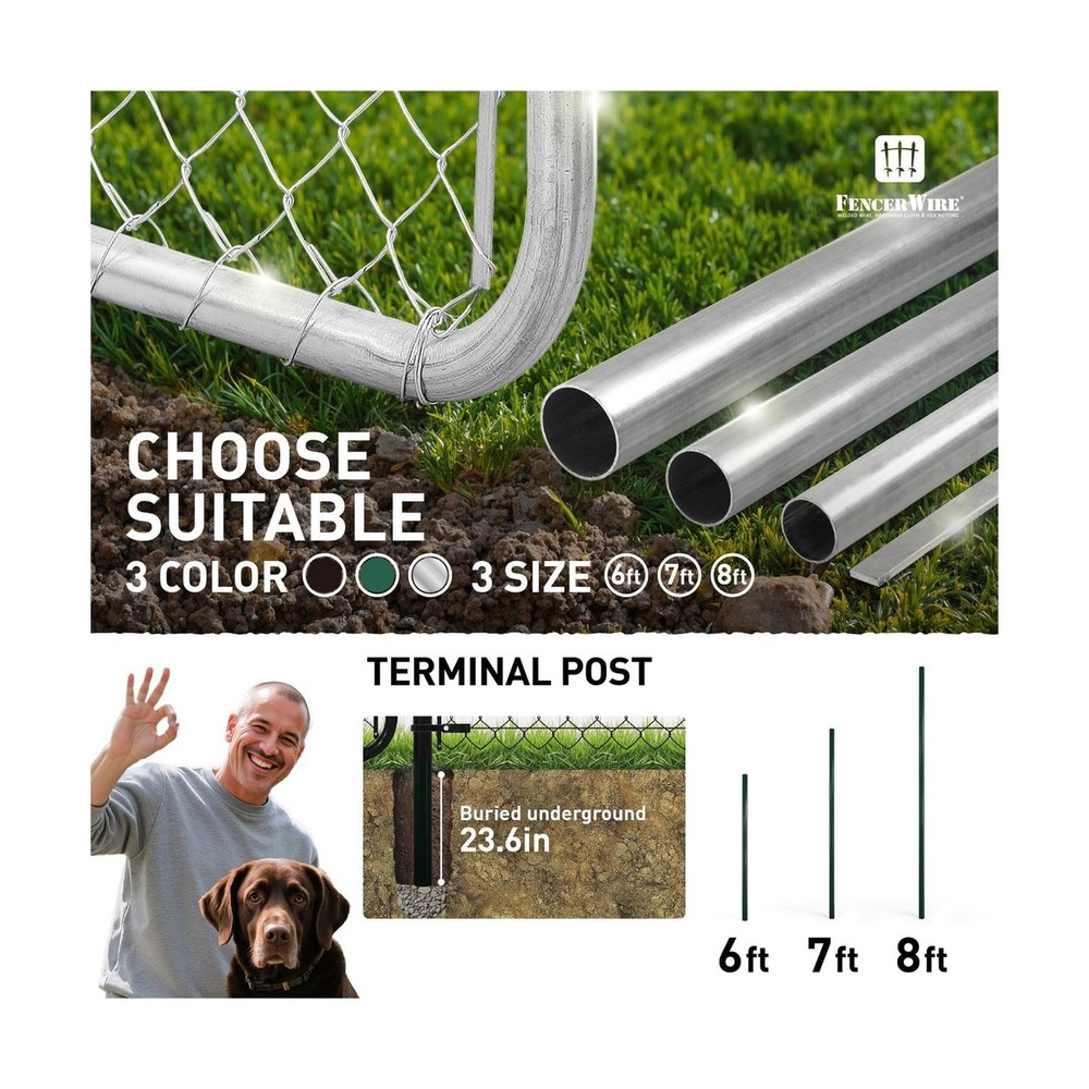 Fencer Wire 6 FT Green Chain Link Fence Terminal Post, Terminal Post with 2-3...
