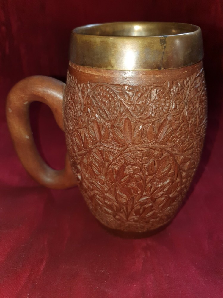 Carved German Wooden Stein with Brass Inner