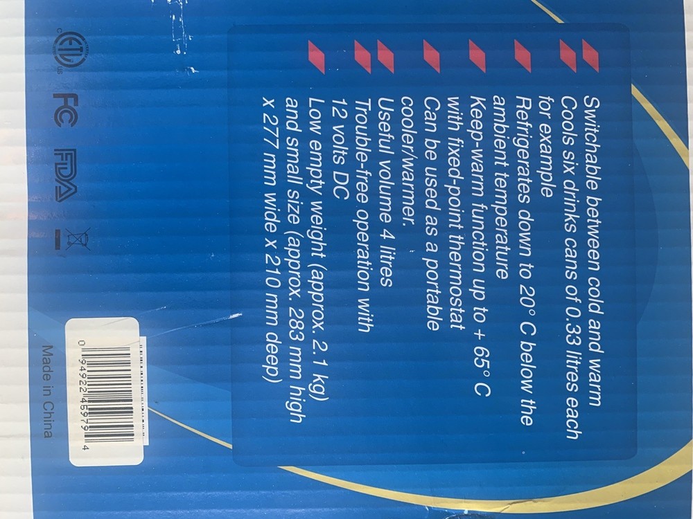 Mini Refrigerator 12VDC Cold/Hot Compatible. Cools 6 cans. Portable w/Plug.