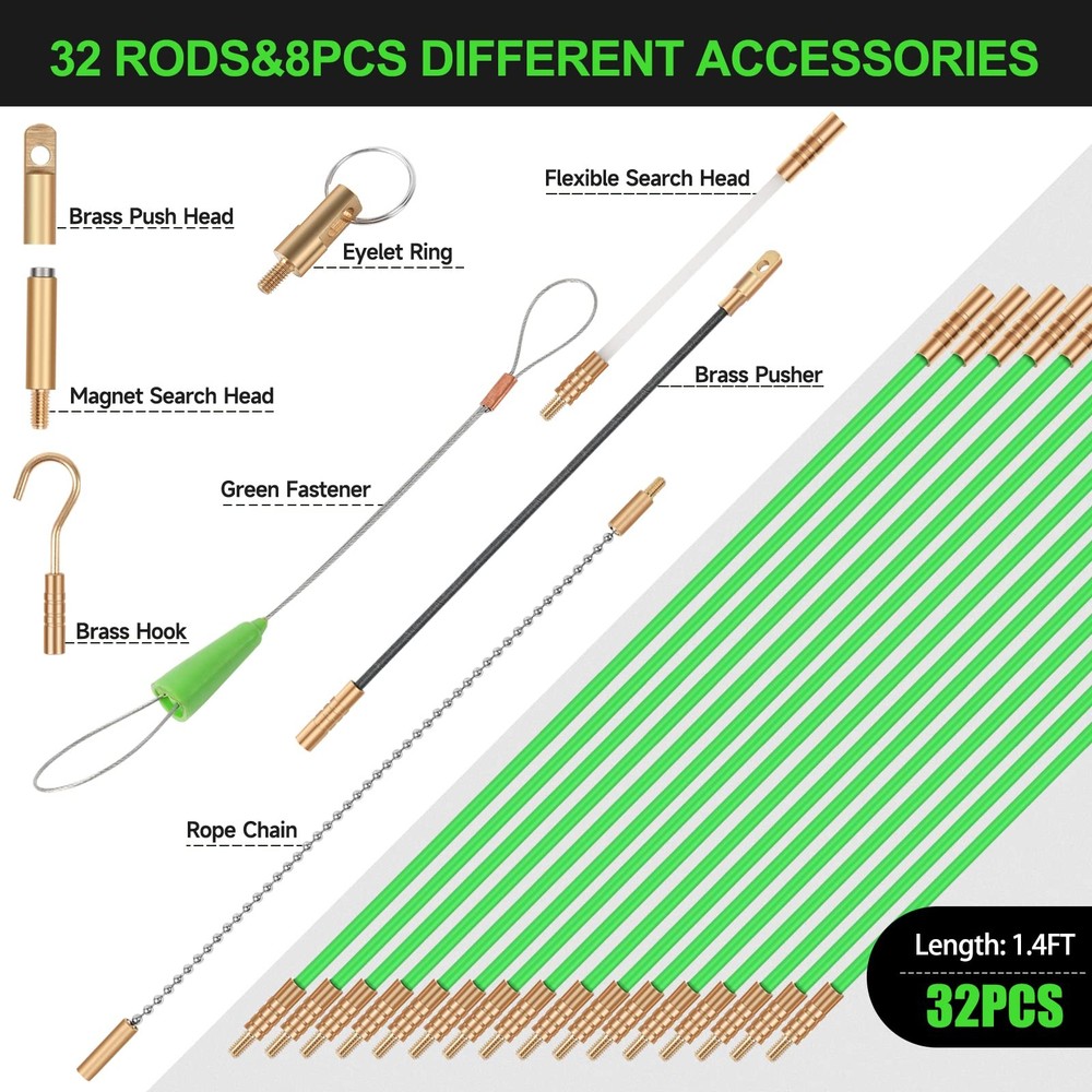 FTIHTRY 45FT Fiberglass Running Electrical Wire Cable Glow Rods Wire Pulling ...