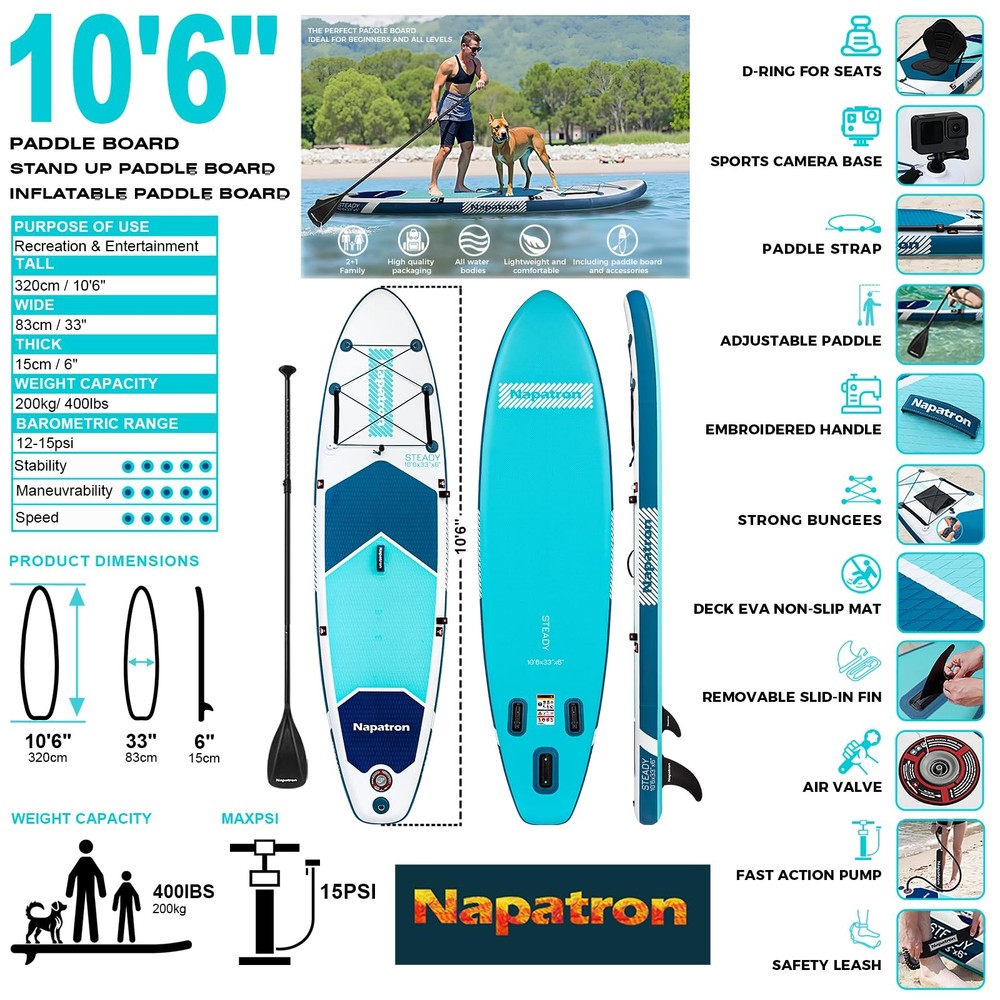 Inflatable Paddle Board, 10'6" Ultra Lightweight SUP with Adjustable Paddle, ...