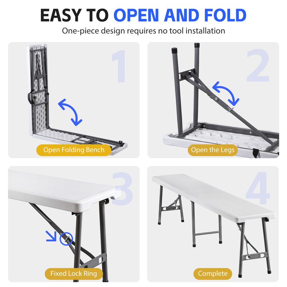 Folding Bench 6FT Plastic Folding Bench with Handles for Party Camping Picnic