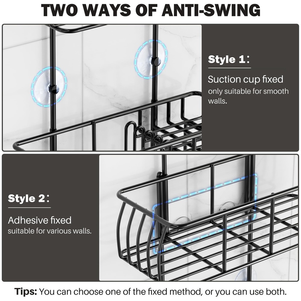 Shower Caddy Hanging, Anti-Swing Over Head Shower Caddy Rustproof with Hooks ...