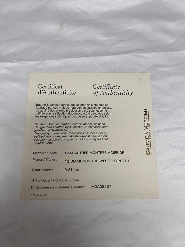 Baume & Mercier Certificate Of Authenticity