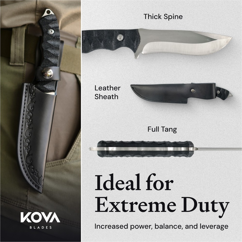 KOVA 9" Eclipse Fixed Blade Knife Clip-Point SS Blade, G10, Leather Sheath 5 oz