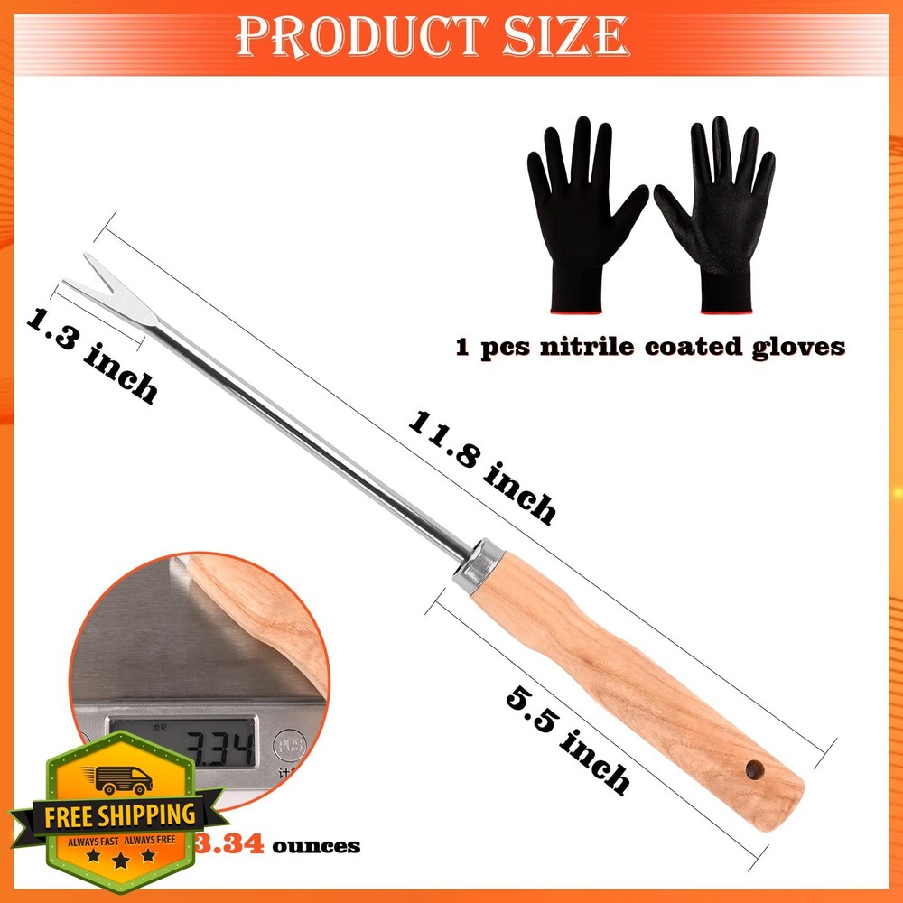 Wooden Handle Dandelion Weeder Tool Forked Head Stainless Steel