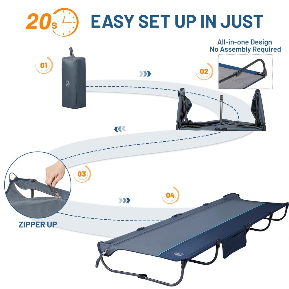 20-Second Quick Set-Up Camping Cot, Lightweight Aluminum Folding Cot with Zip...