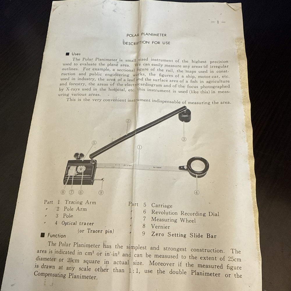 Koizumi planimeter with optical tracer zero setting polar compensation