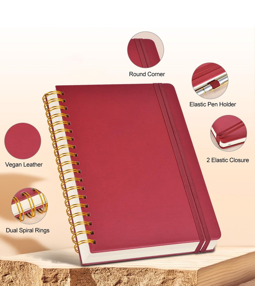 Leather Spiral Notebook, 300 Lined Pages, A5, Red