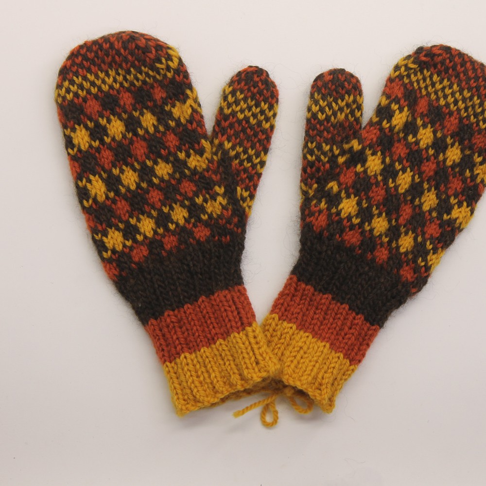 Dark Brown Yellow Orange Pattern Mittens Knit