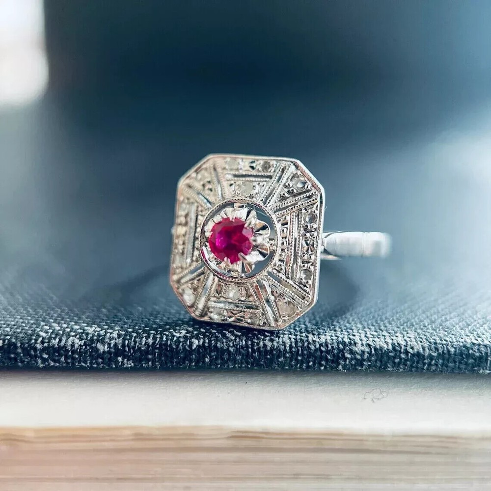 Art Deco Style 2.6Ct Lab Created Ruby 14K White Gold FN Wedding Anniversary Ring