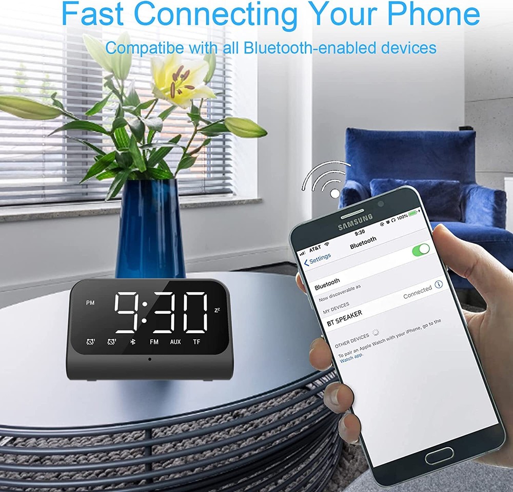 Yariaii Mirror Front Digital Alarm Clock with Bluetooth Speaker