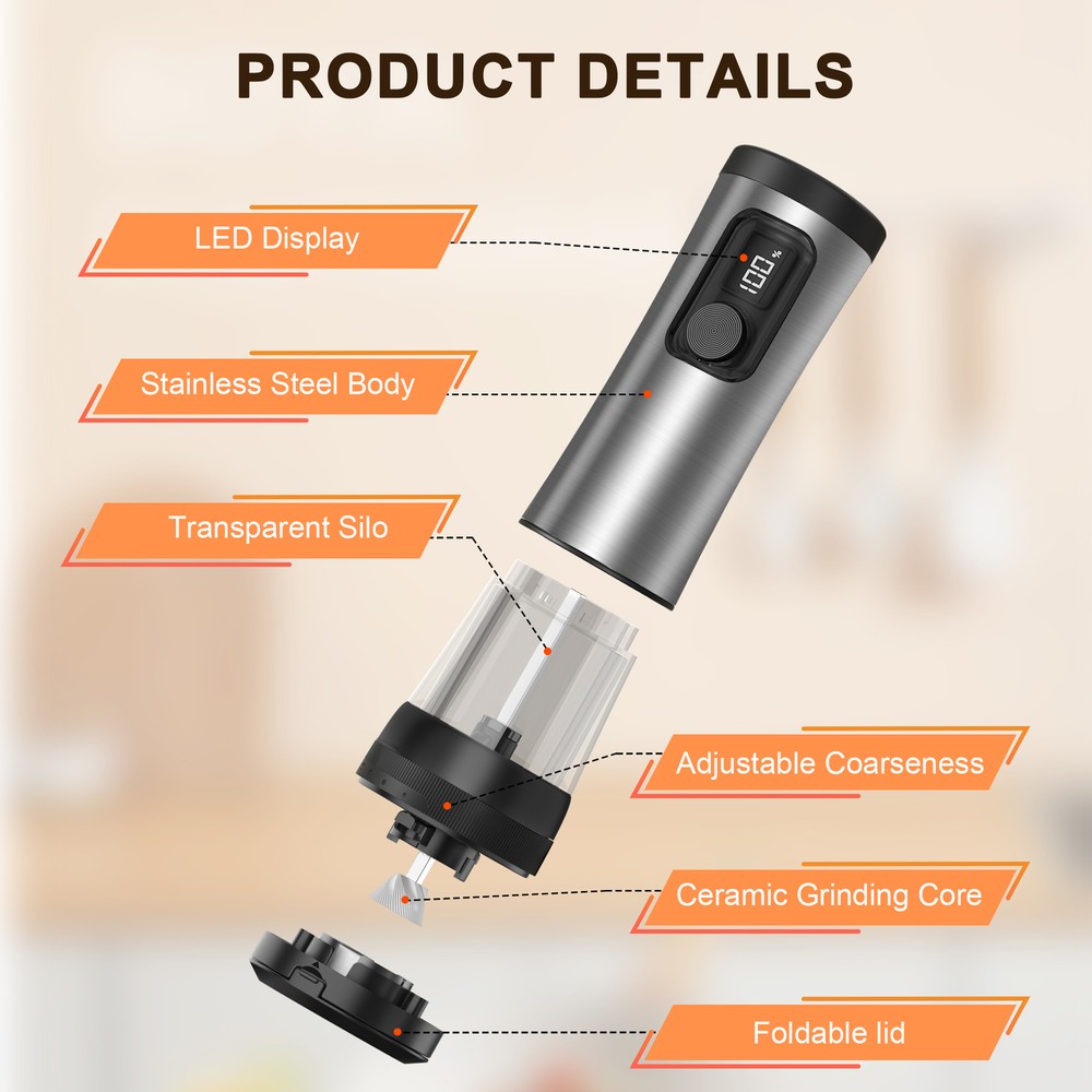 Electric Salt and Pepper Grinder Set, 2-Speed Setting, w/USB Charging Base,100ml